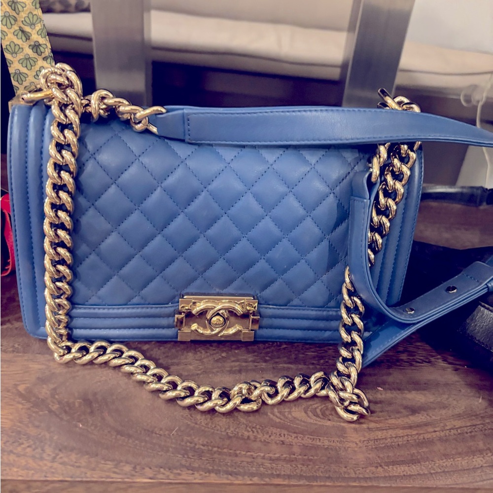 Chanel lambskin boy bag in blue